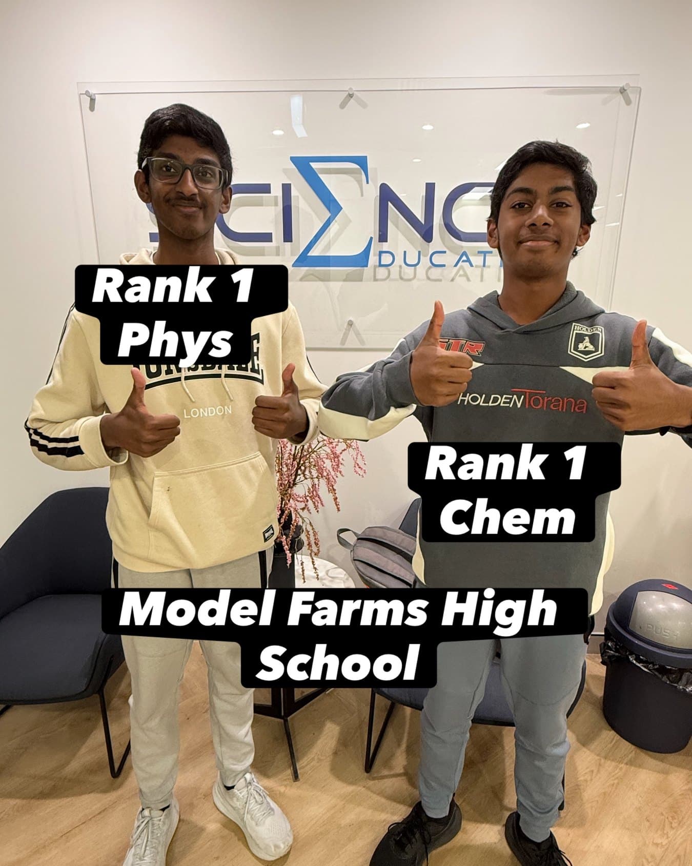 Rank 1 in Physics and Rank 1 in Chemistry at Model Farms High School — Niruban and Soruban giving a thumbs up at Sigma Science.