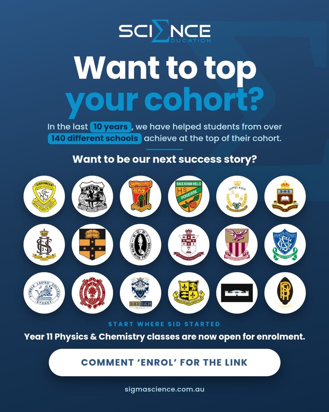 Want to top your cohort? In the last 10 years we have helped students from over 140 different schools achieve at the top of their cohort, shown with the crests of eighteen of those schools. Year 11 Physics and Chemistry classes are now open for enrolment.